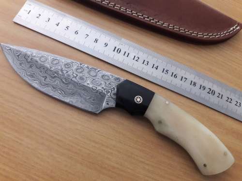 Handmade DAMASCUS Steel Hunting Knife, Bull horn and Camel Bone handle scales. NEW DESIGN !!!!!