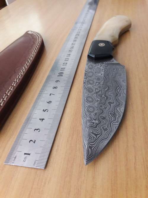 Handmade DAMASCUS Steel Hunting Knife, Bull horn and Camel Bone handle scales. NEW DESIGN !!!!!