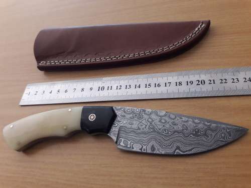 Handmade DAMASCUS Steel Hunting Knife, Bull horn and Camel Bone handle scales. NEW DESIGN !!!!!