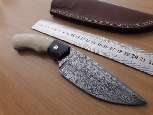 Handmade DAMASCUS Steel Hunting Knife, Bull horn and Camel Bone handle scales. NEW DESIGN !!!!!