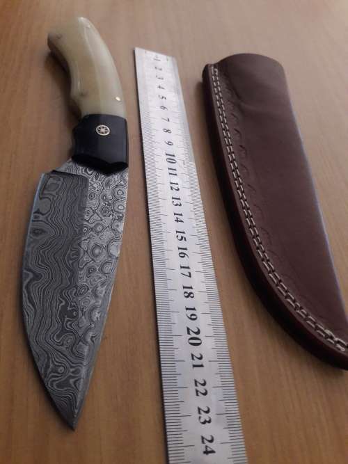Handmade DAMASCUS Steel Hunting Knife, Bull horn and Camel Bone handle scales. NEW DESIGN !!!!!