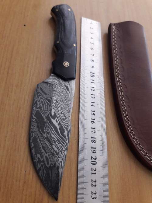 Handmade DAMASCUS Steel Knife, Bull horn and Wooden handle scales. NEW DESIGN !!!!!