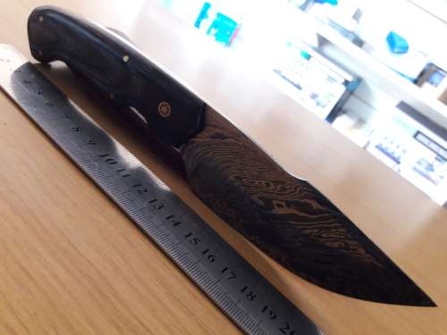 Handmade DAMASCUS Steel Knife, Bull horn and Wooden handle scales. NEW DESIGN !!!!!