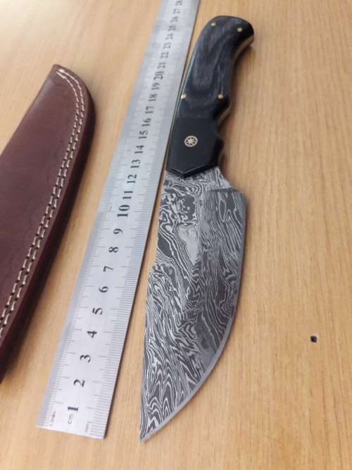 Handmade DAMASCUS Steel Knife, Bull horn and Wooden handle scales. NEW DESIGN !!!!!