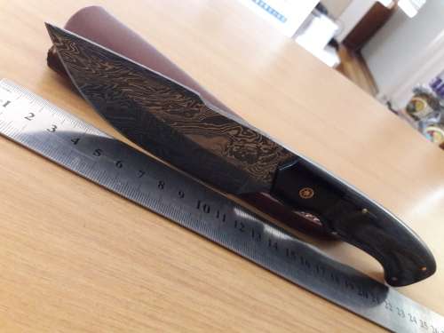 Handmade DAMASCUS Steel Knife, Bull horn and Wooden handle scales. NEW DESIGN !!!!!