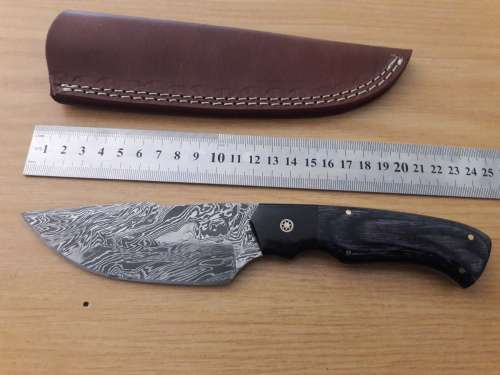 Handmade DAMASCUS Steel Knife, Bull horn and Wooden handle scales. NEW DESIGN !!!!!