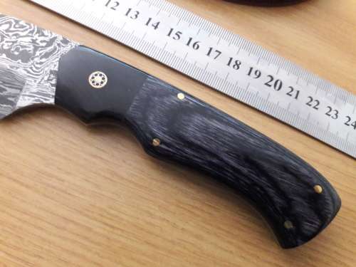 Handmade DAMASCUS Steel Knife, Bull horn and Wooden handle scales. NEW DESIGN !!!!!
