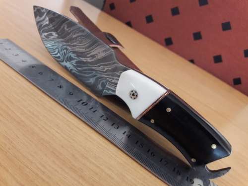 Handmade DAMASCUS Steel Hunting Knife, Bull horn and Camel Bone handle scales. NEW DESIGN !!!!!
