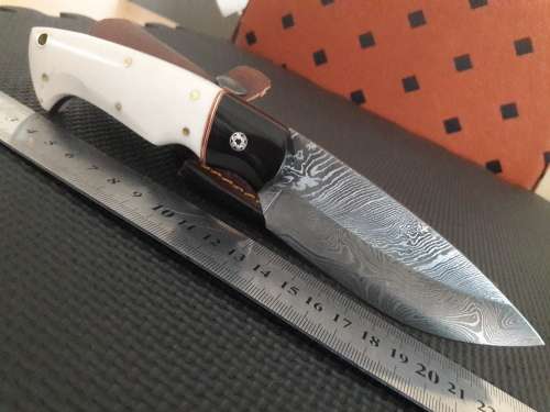 Handmade DAMASCUS Steel Hunting Knife, Bull horn and Camel Bone handle scales. NEW DESIGN !!!!!
