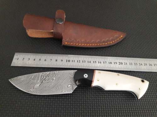 Handmade DAMASCUS Steel Hunting Knife, Bull horn and Camel Bone handle scales. NEW DESIGN !!!!!