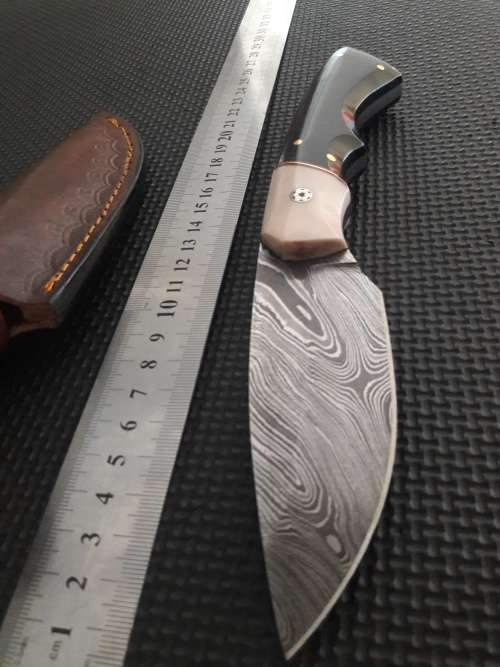 Handmade DAMASCUS Steel Hunting Knife, Bull horn and Camel Bone handle scales. NEW DESIGN !!!!!