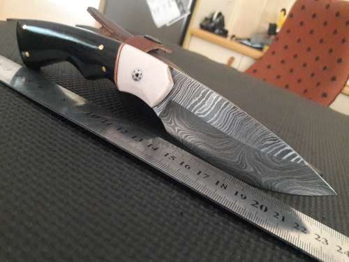 Handmade DAMASCUS Steel Hunting Knife, Bull horn and Camel Bone handle scales. NEW DESIGN !!!!!