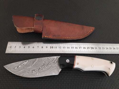 Handmade DAMASCUS Steel Hunting Knife, Bull horn and Camel Bone handle scales. NEW DESIGN !!!!!