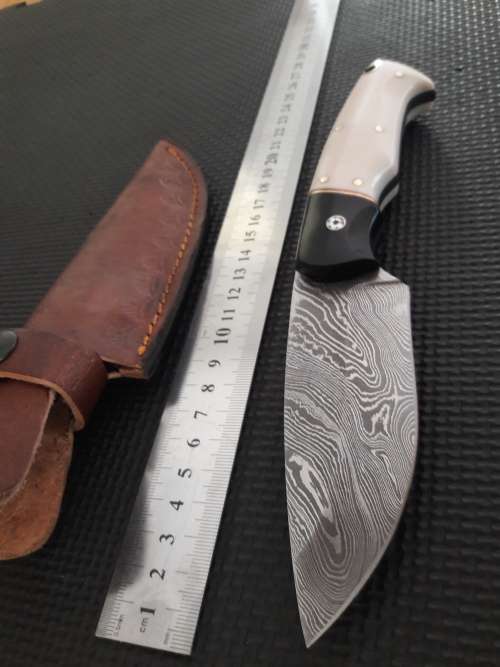 Handmade DAMASCUS Steel Hunting Knife, Bull horn and Camel Bone handle scales. NEW DESIGN !!!!!