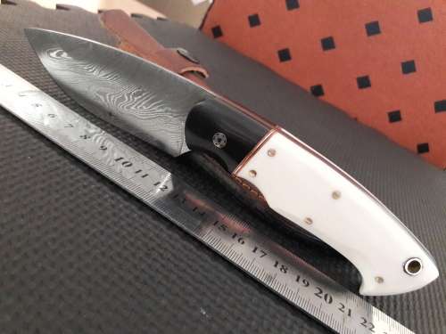 Handmade DAMASCUS Steel Hunting Knife, Bull horn and Camel Bone handle scales. NEW DESIGN !!!!!