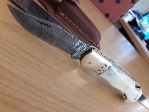 Handmade Damascus steel folding knife with CAMEL BONE handle scales.