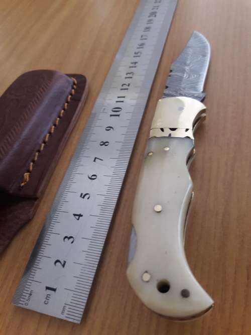 Handmade Damascus steel folding knife with CAMEL BONE handle scales.