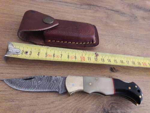 Handmade Damascus steel folding knife with CAMEL BONE & Bull HORN handle scales.
