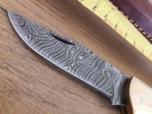 Handmade Damascus steel folding knife with CAMEL BONE & Bull HORN handle scales.