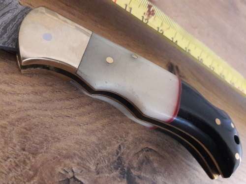 Handmade Damascus steel folding knife with CAMEL BONE & Bull HORN handle scales.