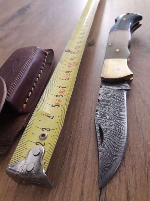 Handmade Damascus steel folding knife with CAMEL BONE & Bull HORN handle scales.