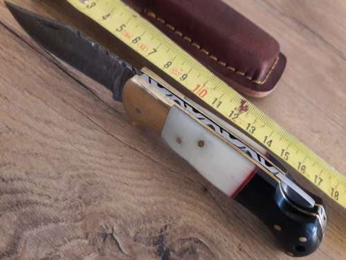 Handmade Damascus steel folding knife with CAMEL BONE & Bull HORN handle scales.