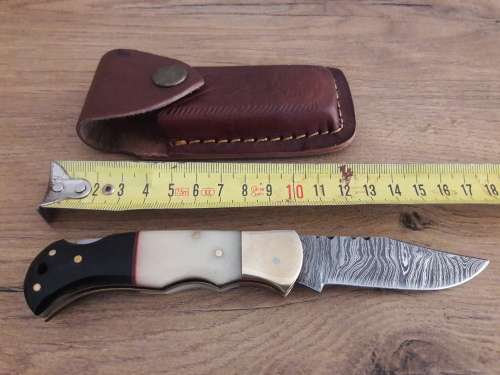 Handmade Damascus steel folding knife with CAMEL BONE & Bull HORN handle scales.
