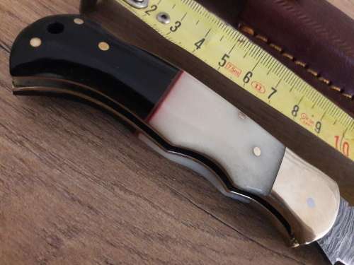 Handmade Damascus steel folding knife with CAMEL BONE & Bull HORN handle scales.