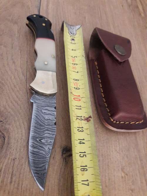 Handmade Damascus steel folding knife with CAMEL BONE & Bull HORN handle scales.