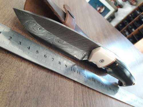Handmade DAMASCUS Steel Hunting Knife, FULL TANG, Bull horn and Camel Bone handle scales.
