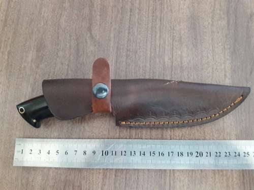 Handmade DAMASCUS Steel Hunting Knife, FULL TANG, Bull horn and Camel Bone handle scales.