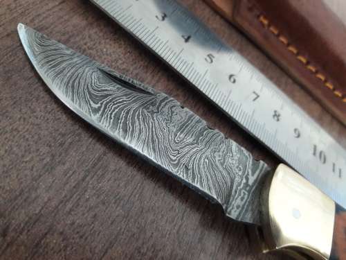 Handmade Damascus steel folding knife with WOODEN handle scales.