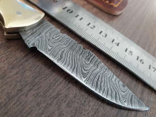 Handmade Damascus steel folding knife with WOODEN handle scales.