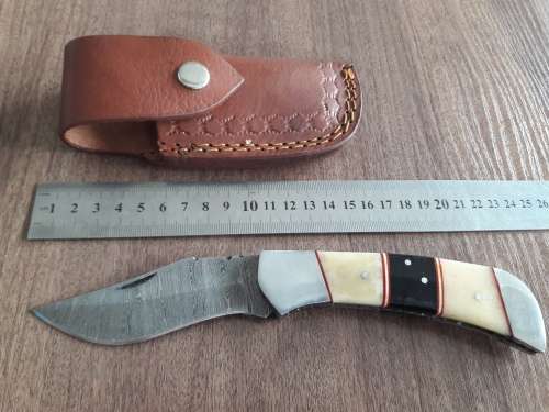 Handmade Damascus steel folding knife with Camel Bone and Bull Horn handle scales. Big Size !!