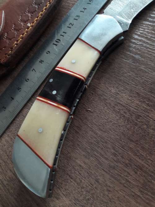 Handmade Damascus steel folding knife with Camel Bone and Bull Horn handle scales. Big Size !!