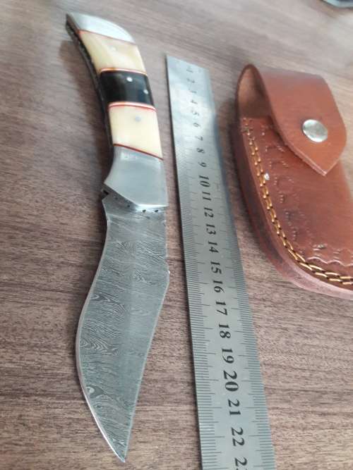 Handmade Damascus steel folding knife with Camel Bone and Bull Horn handle scales. Big Size !!