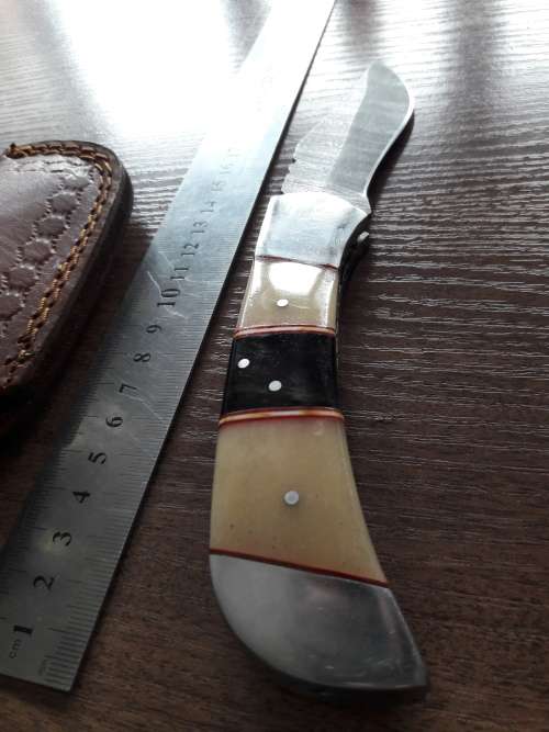 Handmade Damascus steel folding knife with Camel Bone and Bull Horn handle scales. Big Size !!