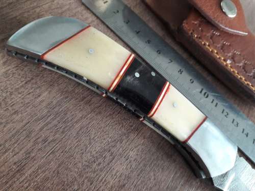 Handmade Damascus steel folding knife with Camel Bone and Bull Horn handle scales. Big Size !!