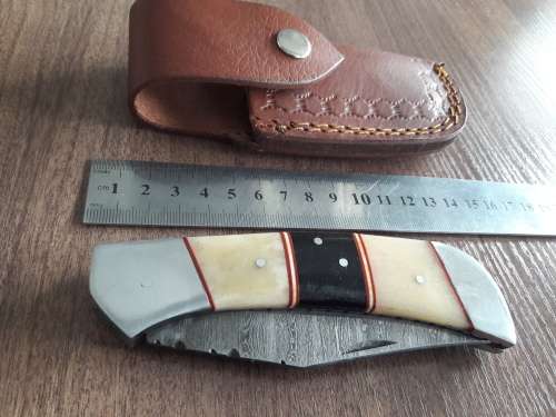 Handmade Damascus steel folding knife with Camel Bone and Bull Horn handle scales. Big Size !!