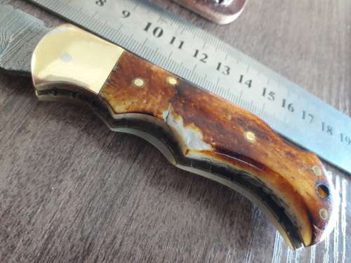 Handmade Damascus steel folding knife with Burnt Camel Bone handle scales.