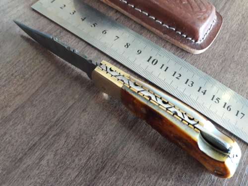 Handmade Damascus steel folding knife with Burnt Camel Bone handle scales.