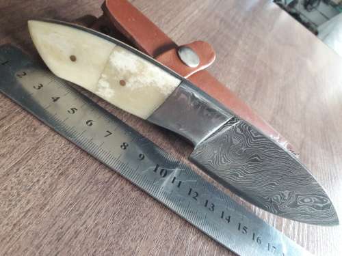 Handmade DAMASCUS Steel Hunting Knife, FULL TANG, Camel Bone handle w Damascus steel bolster