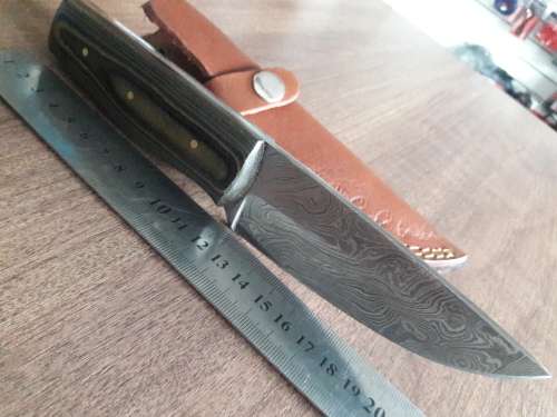 Handmade DAMASCUS Steel Hunting Knife, FULL TANG, with MICARTA handle scales.