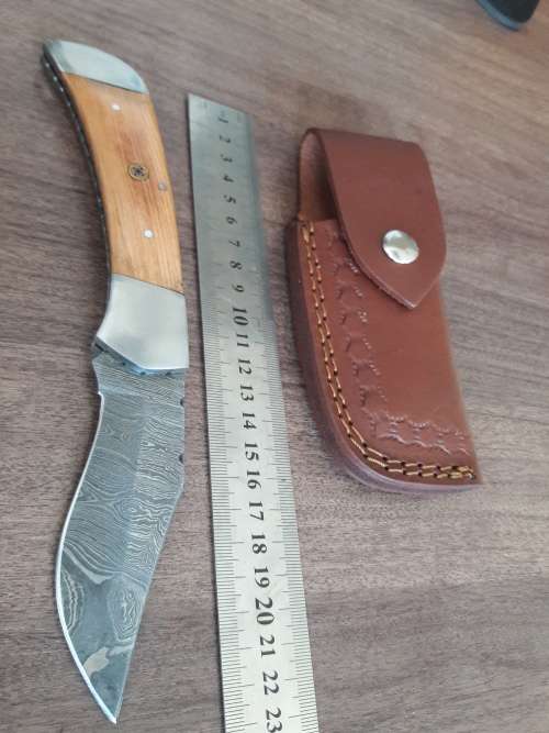 Handmade Damascus steel folding knife with Wooden handle scales. Bigger size.