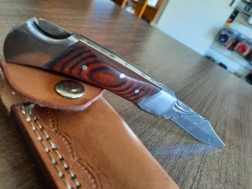 Handmade Damascus steel folding knife with MICARTA handle scales. GREAT GIFT !!!!