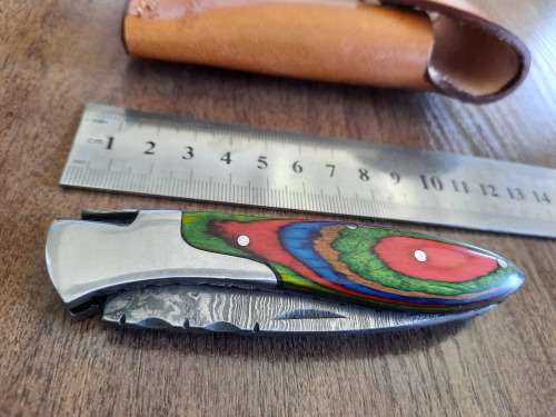 Handmade Damascus steel folding knife with Wooden handle scales.