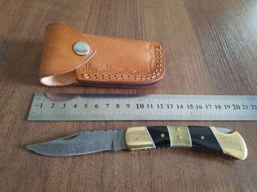 Handmade Damascus steel folding knife with Camel Bone & BULL HORN  handle scales