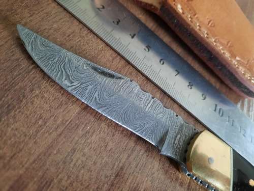 Handmade Damascus steel folding knife with Camel Bone & BULL HORN  handle scales