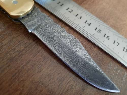 Handmade Damascus steel folding knife with Camel Bone & BULL HORN  handle scales