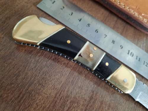 Handmade Damascus steel folding knife with Camel Bone & BULL HORN  handle scales